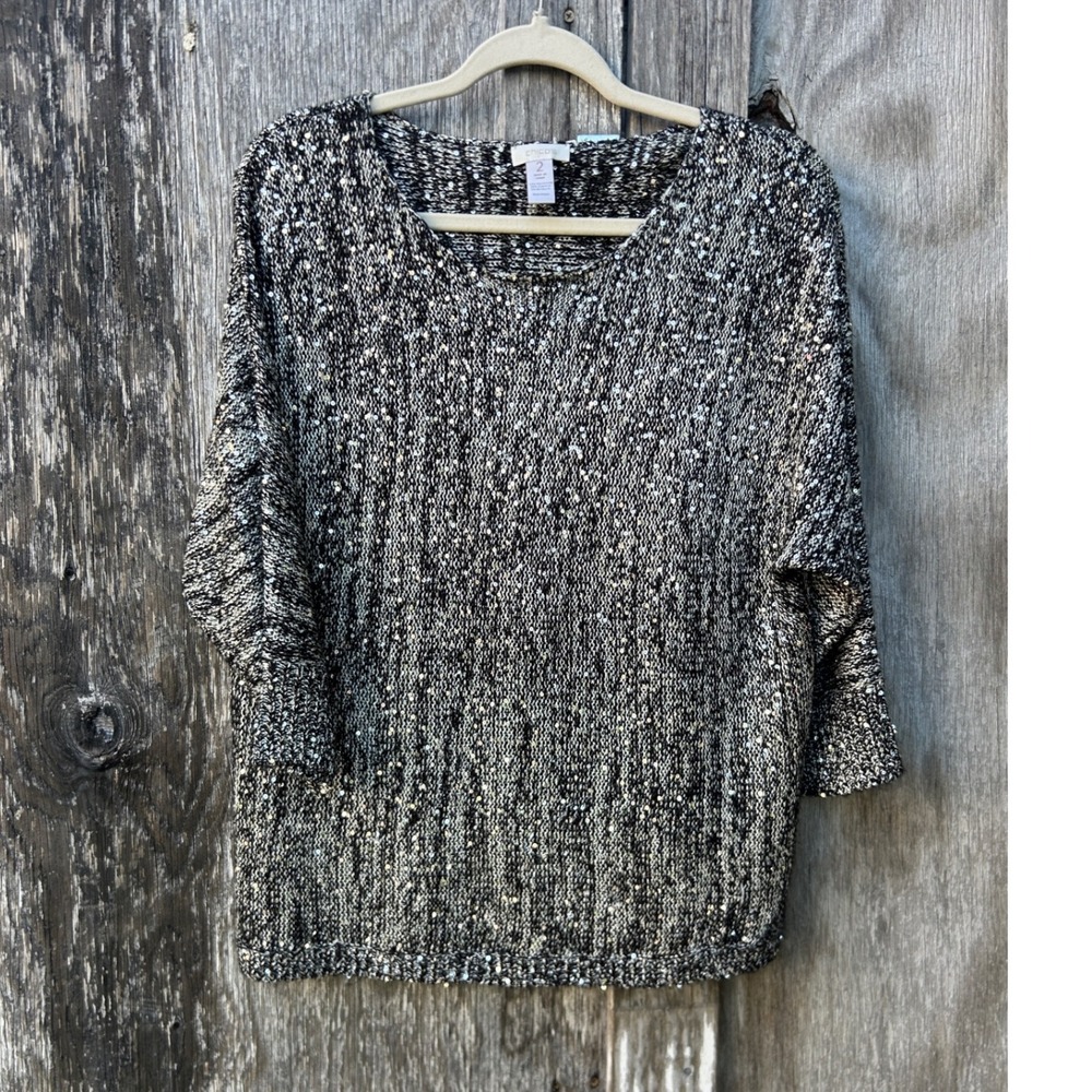 Chico's Sequin Dolman Sleeve Sweater Women's 2 Black Silver Metallic Knit Top‎ L